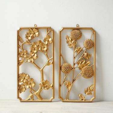 Vintage Gold Flower Wall Hanging, Syroco Wood Wall Hangings, Asian Wall Art 