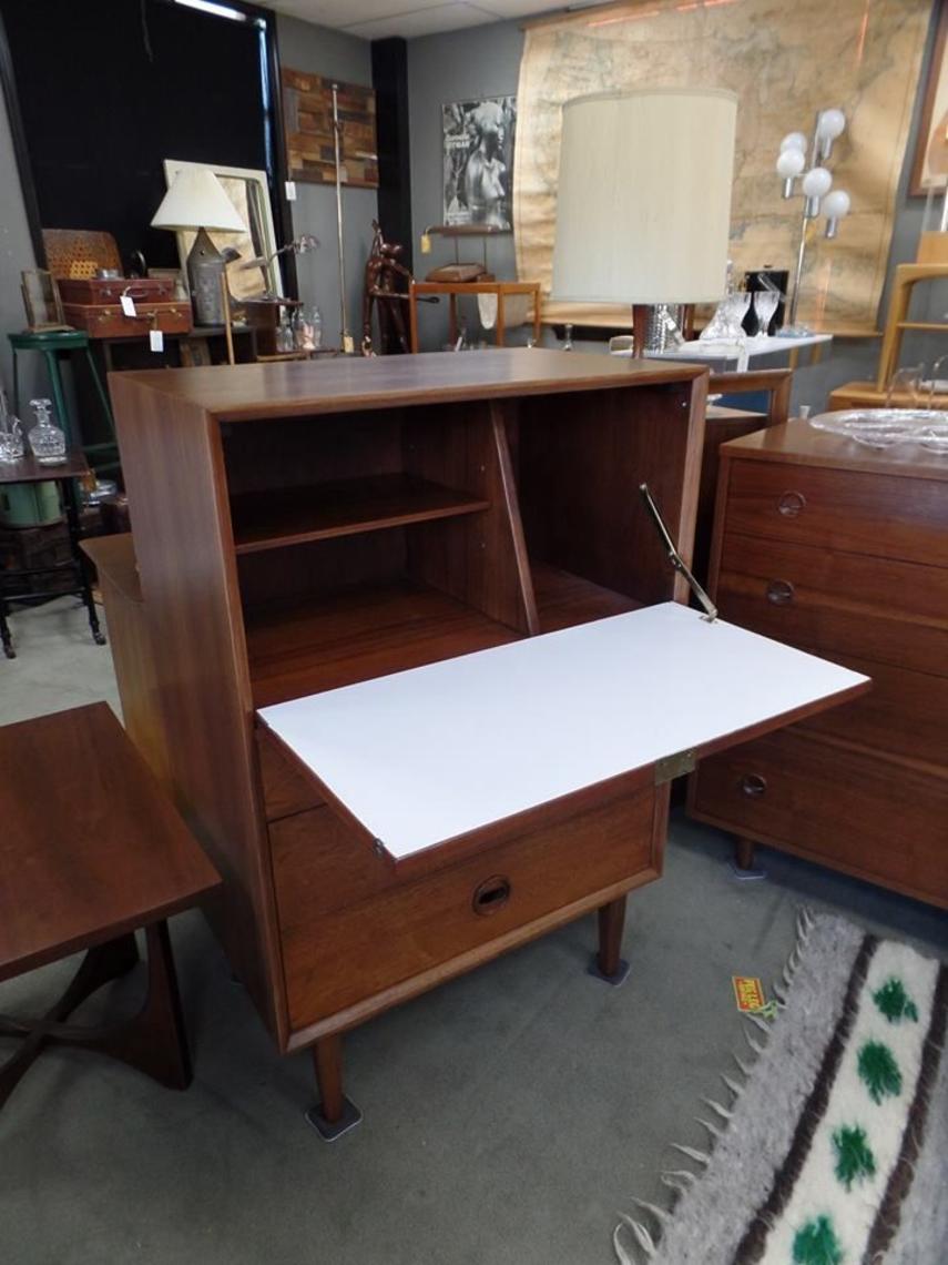 MidCentury Modern walnut drop front secretary / dresser Peg Leg