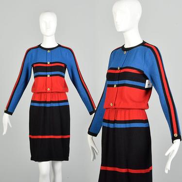 XS-Small 1980s Adolfo Knit Stripe Dress Color Block Long Sleeve Sweater Dress 