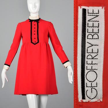 Small 1960s Geoffrey Beene Short Dress Long Sleeves Red Wool Mini Dress Tuxedo Tuxedo Empire Waist Vintage 1960s Mod 60s Twiggy 