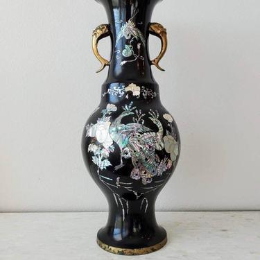 Mid-Century Asian Cloisonne Mother Of Pearl Peacock Black Ground Vase 