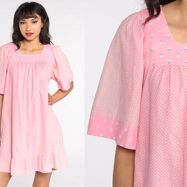 Polka Dot Dress Pink Mini Dress 70s Boho Short Sleeve Tent Dress Floral Dress Vintage Bohemian 1970s Minidress Medium 