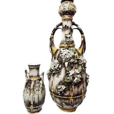 Majolica Vase Set - Antique Ceramic Amphora Works Teplitz - Decorative Art Pottery 