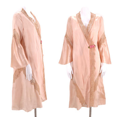 20s petal pink silk lace Deco robe / vintage lingerie flapper duster robe antique one size 1930s 1920s 