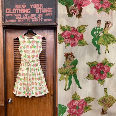 Vintage 1960s Cartoon Ballet Dancer Novelty Cotton Print Belted Dress, Vintage 1960’s Dress, Ballet Dancer Print, Vintage Novelty Print 