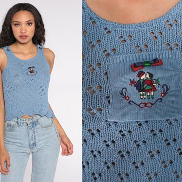 Crochet Knit Tank Top Y2K Cornflower Blue Open Knit Dutch Embroidered Pocket Front Sheer Open Weave Sleeveless Blouse 00s Extra Small XS 