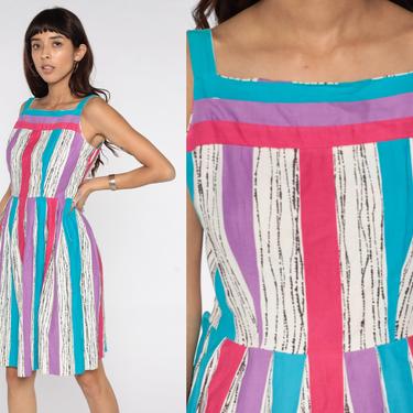 1960s Sun Dress Striped SUNDRESS 60s Cotton Day Dress Knee Length Sun Dress Pin Up Vintage Full Skirt Pink Purple Blue A-Line Small 
