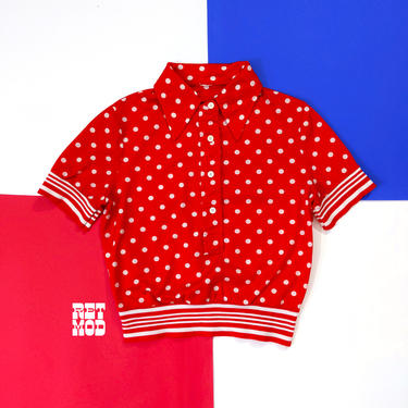 Adorable Vintage 70s Red & White Polka Dot Short Sleeve Collared Top 