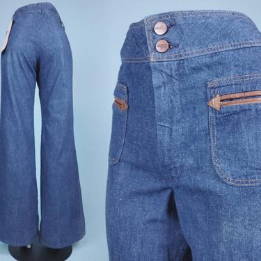 1970s vintage Maverick jeans. Deadstock. Wide legs & leather detailing. (29×34) 