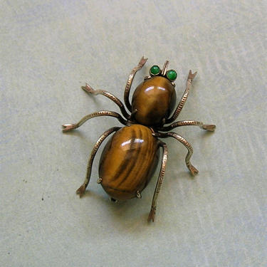 ANTIQUE VICTORIAN DIAMOND RUBY AND TIGERS EYE SPIDER BROOCH, Good