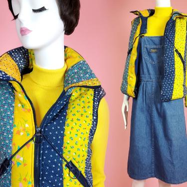 1970s patchwork puffer vest. Boho vintage cottagecore hippie mod. By Marti Merrit. Size S/M 