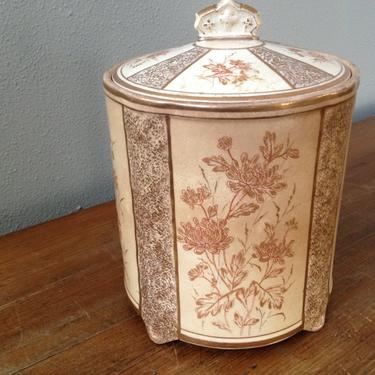 Antique 1800s New England Pottery Victorian Gold Gilt Floral Biscuit Jar ~ Stylized Crown Stamp 