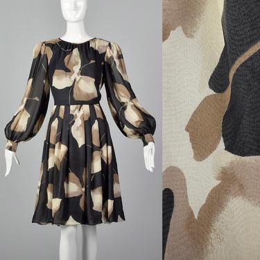 Medium Michael Novarese Abstract Tan Print Dress Black Bishop Sleeves Rounded Neckline Sheer Lightweight Vintage 1980s 