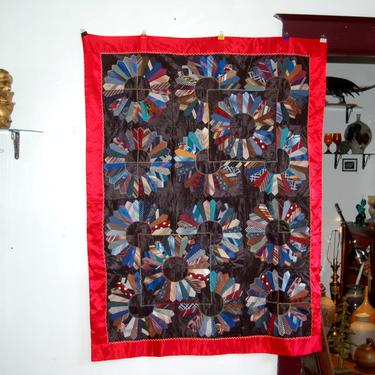Vintage Silk, Wool, Satin Men's Ties Dresden Plate Squares w/ Hand Embroidered Top Stitching & Bright Beautiful Red Satin Backing  66