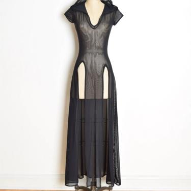 vintage 90s dress sheer black mesh hooded raver cyber punk goth long maxi S M club clothing 