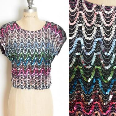 vintage 70s top black metallic sequin gradient disco colorful shirt blouse M clothing 