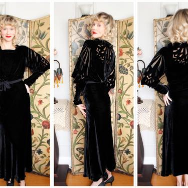 1930s Dress // Frank A. Jelleff Inc. Black Velvet Vamp Gown // vintage 30s gown 