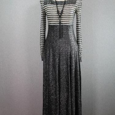 1970s,  Mindy Malone, Silver Lame Knit,  Maxi Dress- Glittery Metallic Party Gown- Size XS 