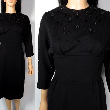 Vintage 50s Inky Black Beaded Wiggle Dress Made In USA Size M 