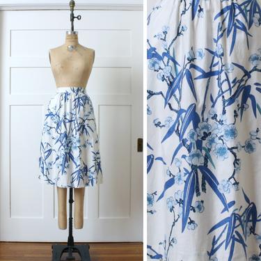 vintage 1970s chinoiserie print skirt • white &amp; blue cotton midi skirt with pockets • cherry blossom floral 