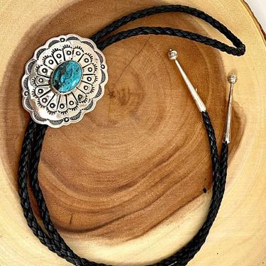 CHIMNEY BUTTE Silver Concho &amp; Turquoise Bolo Tie | Stamped Rising Sun Flower | Southwestern Native American Indian Navajo Jewelry, Necklace 