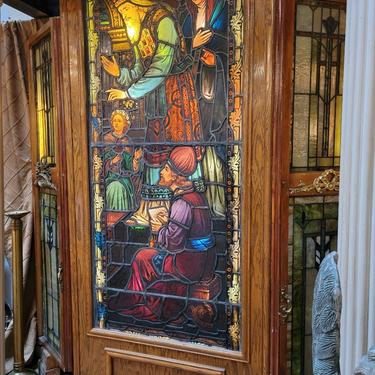 Antique Enclosed Free Standing Light Box with Stained Glass Church Window with Religious Scene