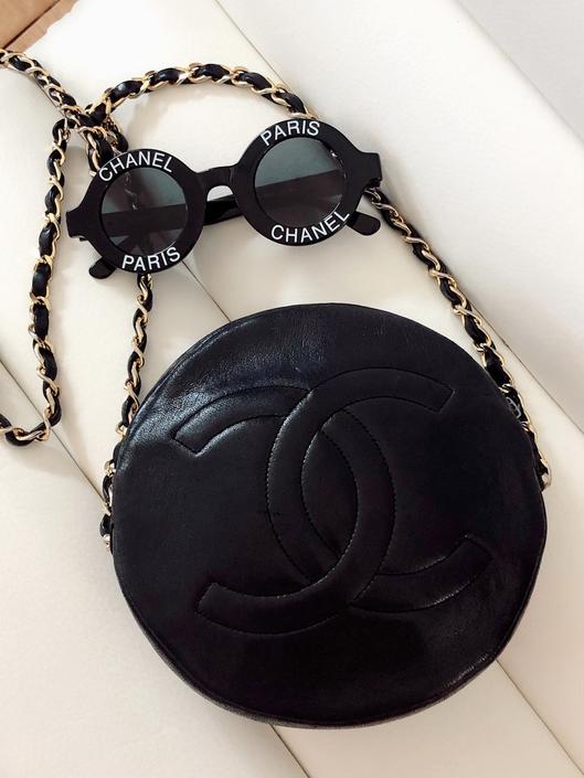 Vintage CHANEL CC Logo MONOGRAM Black Lambskin Leather Gold Chain, Moonstone Vintage