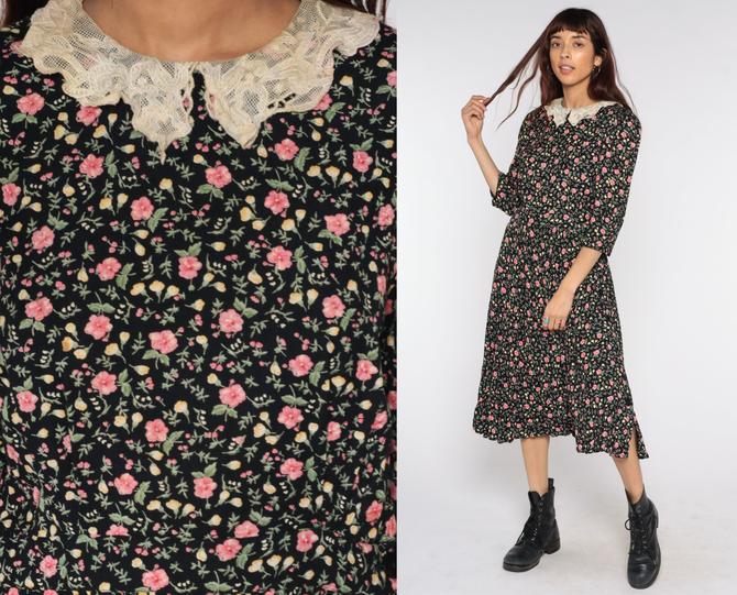 80s Floral Dress Midi Puff Sleeve LACE COLLAR Dress Granny Shop Exile Tucson AZ