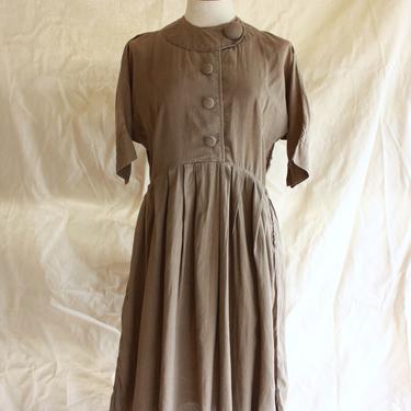 40s 50s Dolman Sleeve Cotton Shirtwaist Dress Brown Geometric Print Size M 