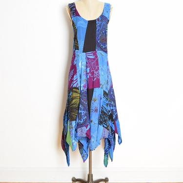 vintage 90s dress blue batik print patchwork rayon hippie scarf dress L XL clothing 
