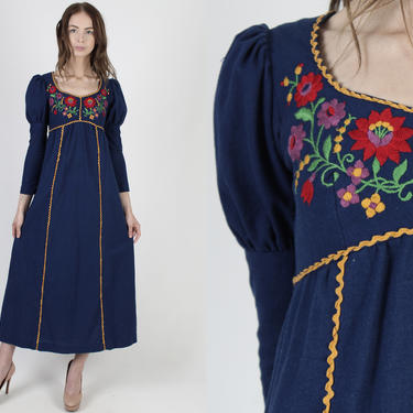 70s Country Dirndl Maxi Dress / Navy German Folk Porch Dress / Vintage American Chore Prairie Heavyweight Cotton Long Ric Rac Dress 