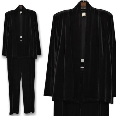 Vintage Stretchy Black Velvet Two Piece Pants Suit Women’s Size 