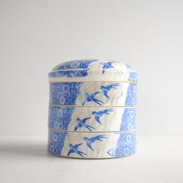 Vintage Porcelain Tiered Stacking Box, Jūbako Bento Box in Blue and White 