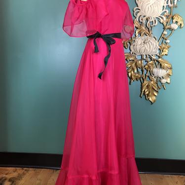 1970s prom dress, off the shoulders, sheer chiffon, vintage 70s dress, magenta dress, formal gown, maxi dress, ruffled sleeves, sweetheart 