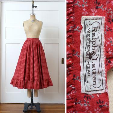 vintage 1980s Ralph Lauren western wear skirt • cotton flannel prairie country skirt • full cut red calico with pockets 