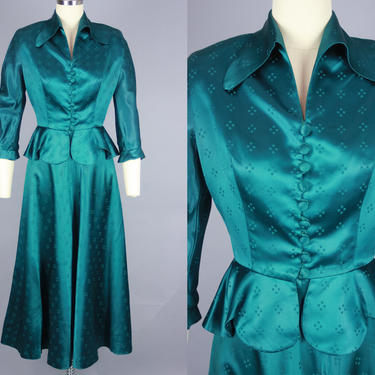 1950s SATIN SUIT | Vintage 40s 50s 'Jonathan Logan' Jewel Tone Green New Look Skirt Suit | xs 