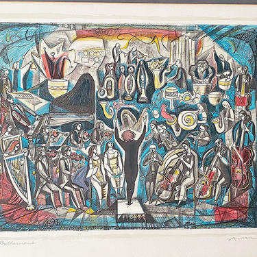 Vintage Fine Modern Art Signed and Numbered Lithograph Irving Amen &amp;quot;The Philharmonic&amp;quot; Orchestra Conductor Scene 1978 #165/275 