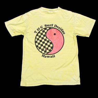 Vintage Hawaiian Surf Club Yin & Yang T Shirt - Medium | 80s 90s Yellow Distressed Graphic Tourist Tee 