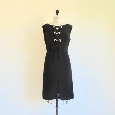 Vintage 1960's Black Crepe Sleeveless Sheath Dress Diamante Rhinestone Grommets Lace Up Front Bodice Evening Cocktail Party 35&amp;quot; Waist Medium 