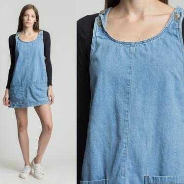 90s Jean Jumper Mini Dress - Medium | Vintage Light Wash Blue Pinafore Overall Dress 