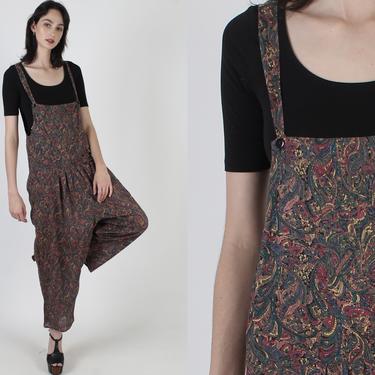 90s India Paisley Grunge Jumpsuit / Coveralls Bodice Suspender Playsuit / Wide Leg Palazzo Pants / Vintage 1990s One Piece Overalls 