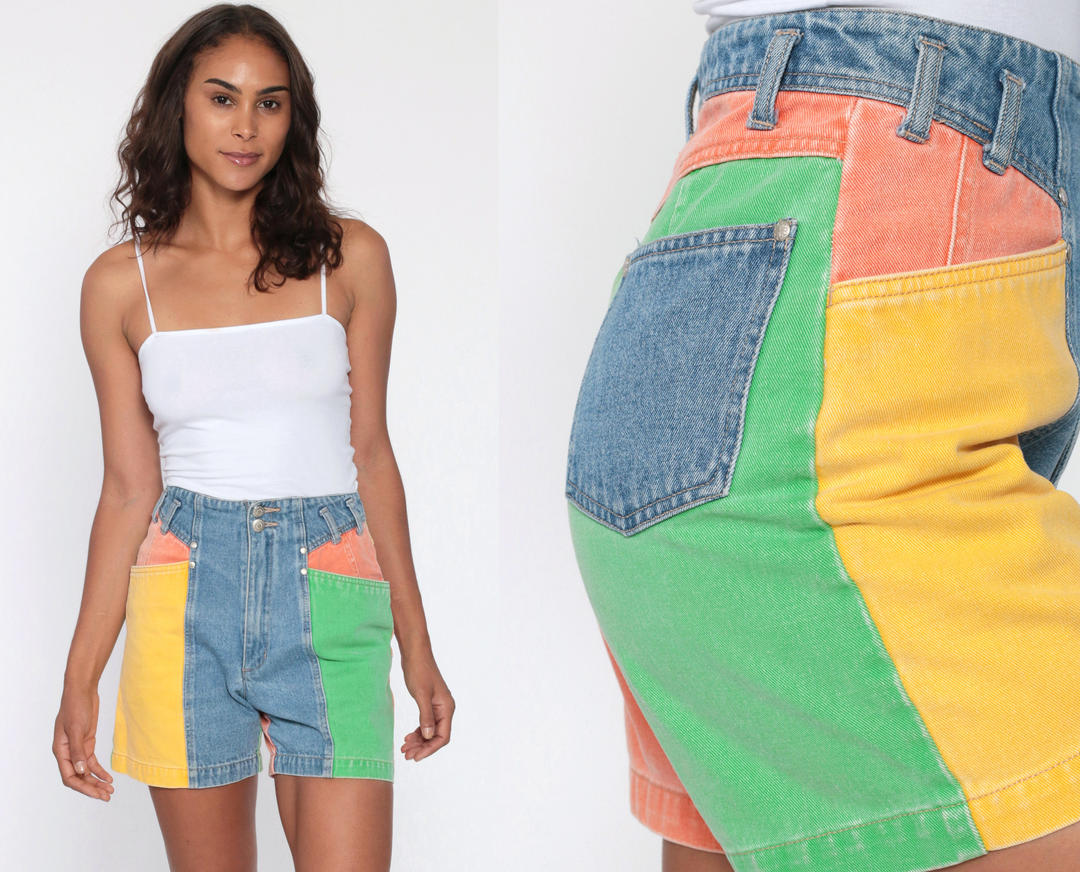 Color Block Denim Shorts 90s Neon High Waisted Shorts Jean