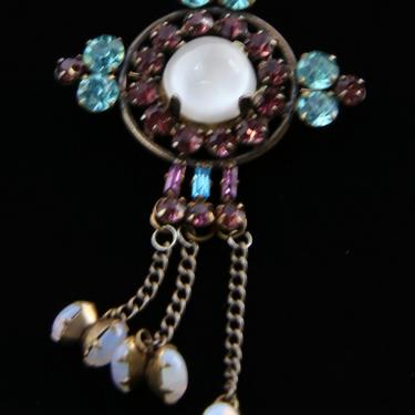 Vintage Moonstone Brooch Pin Sterling Silver with Opals, Purple and Aqua Rhinestones / Deco Style Jewelry 