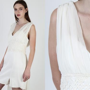 Vintage 80s Grecian Chiffon Dress / Off White Long Wedding Train / Plain Floral Lace Cocktail Sheer Mini Dress 