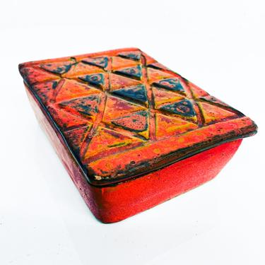 Modern Raymor ITALY 1960s Red Lidded Pottery Box Geometric Design Guido Gambone 