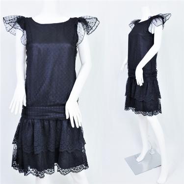 1980's Diamond's Run Black Net Summer Goth Dress I Sz Med I Flapper Style I Wayne Diamond 