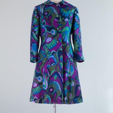 Vintage 1960's Peacock Garden Silk Coat &amp; Dress Set / ML