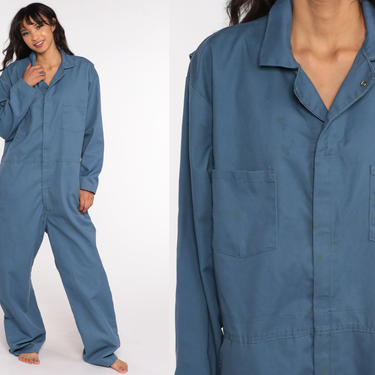 Blue Coveralls Distressed Workwear Uniform 80s Boilersuit Long Sleeve Work Wear Boiler Suit Pants Vintage 1980s Men's 46 Extra Large xl 
