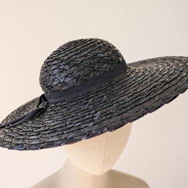 Vintage 60s Carson Pirie Scott &amp; Co. by Debway Navy Blue Straw Wide Brim Hat | Adjustable Sweatband | 1960s Designer Statement Straw Sun Hat 