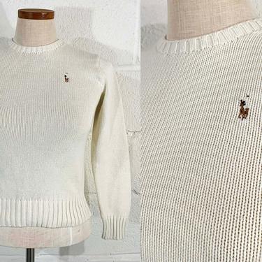 Vintage Cream White Sweater Knit Cotton Polo Ralph Lauren 1980s 80s Classic Minimal Basics Capsule Pullover Long Sleeve XS XXS Small 